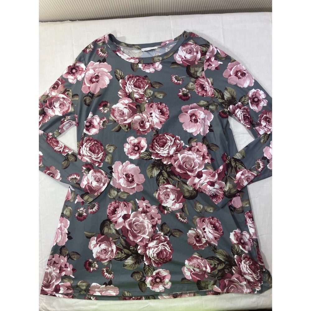 REBORN J Womens Floral Long Sleeve Top Gray Pink Rose Print‎ Tunic Blouse